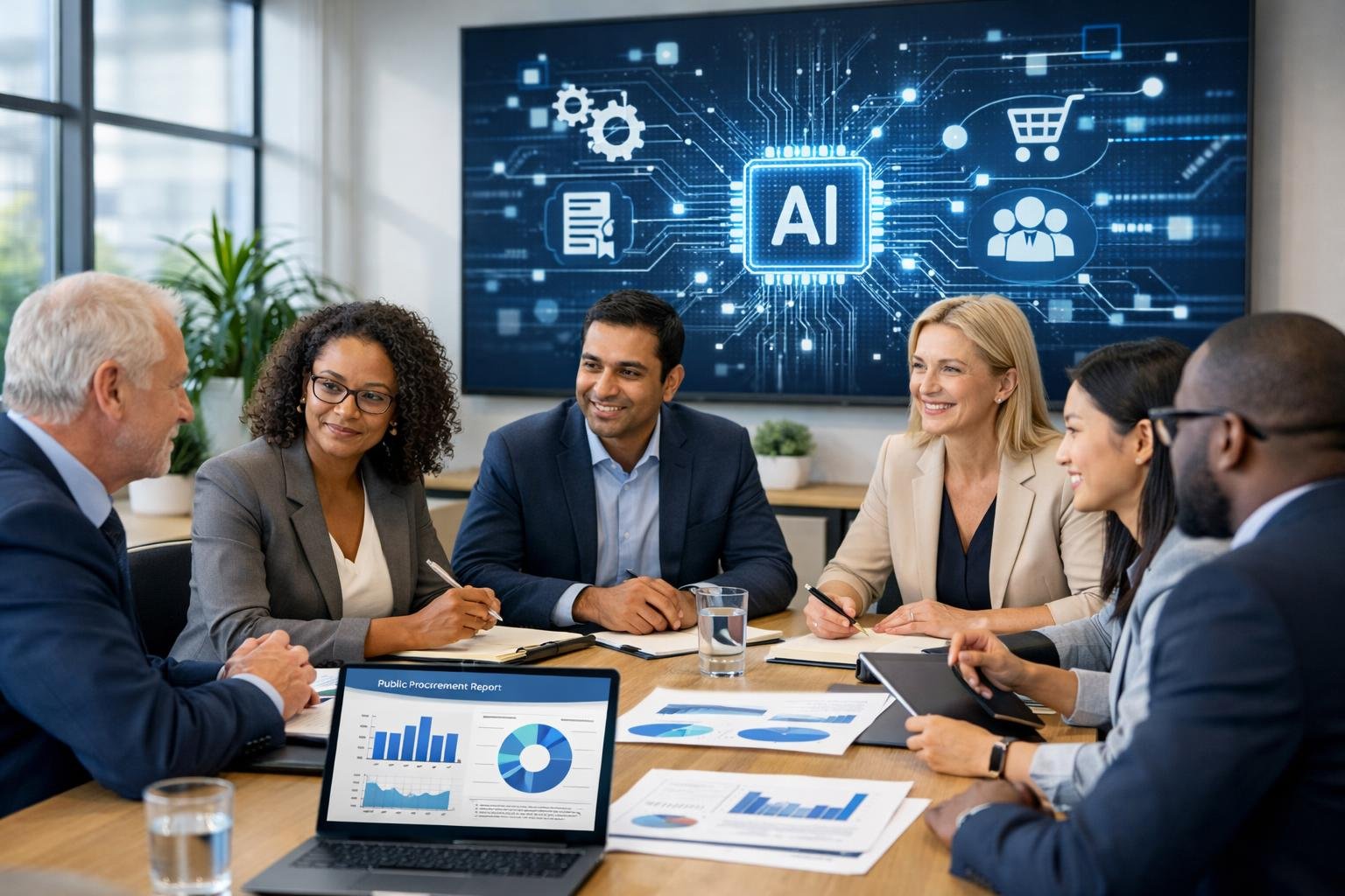 Des professionnels en réunion dans un bureau moderne, collaborant autour d'une table avec des ordinateurs et des graphiques liés à l'intelligence artificielle et aux achats publics.