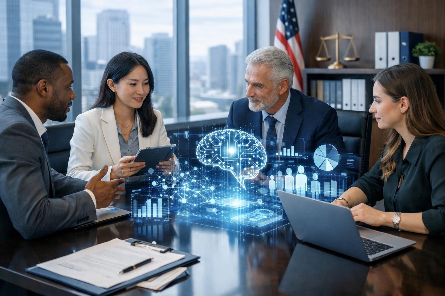 Des professionnels collaborant autour d'une table de conférence avec des appareils numériques et des visualisations de données en hologramme dans un bureau moderne.