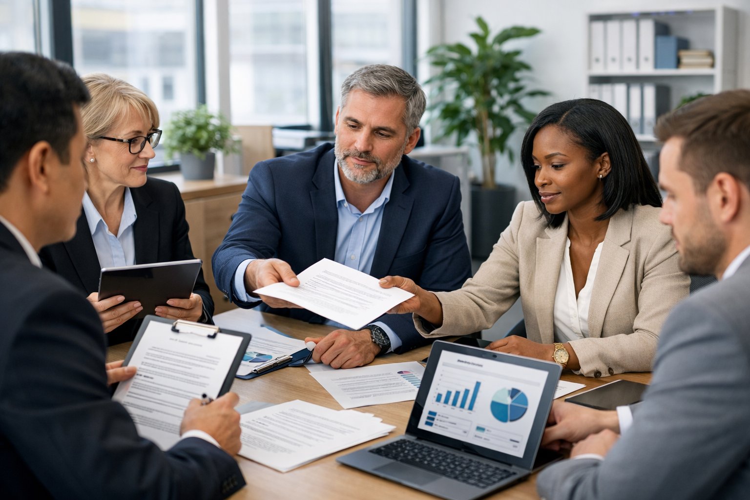Des professionnels en réunion autour d'une table dans un bureau moderne, examinant des documents et des tablettes numériques.