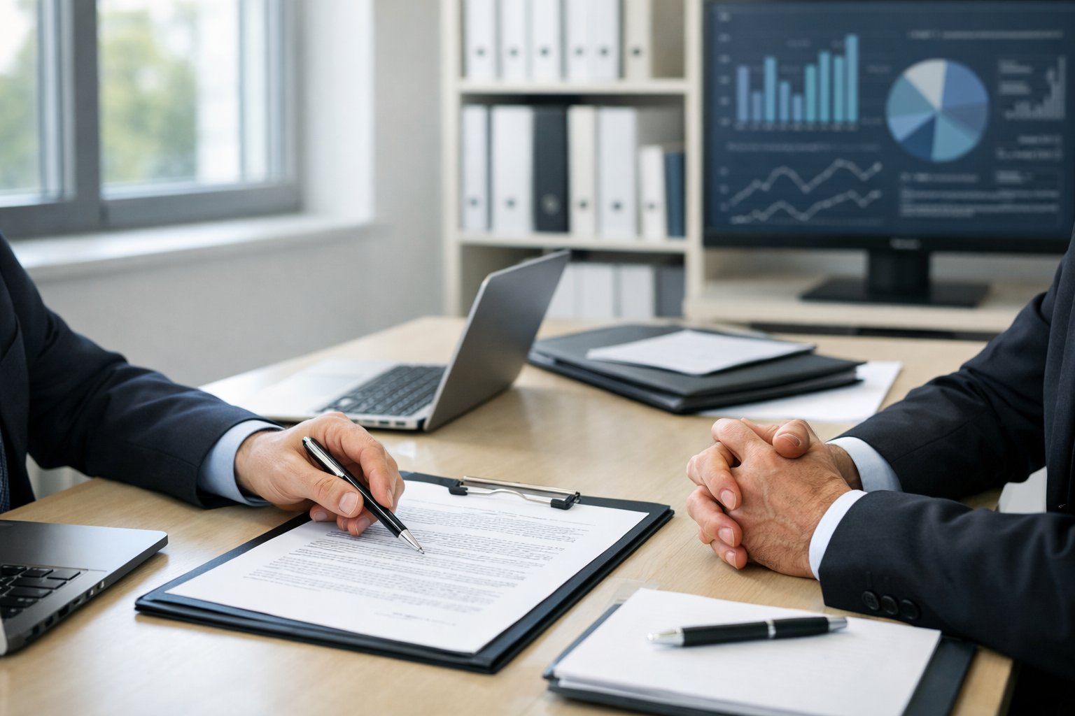 Deux professionnels en réunion dans une salle de conférence moderne, examinant un document officiel ensemble.