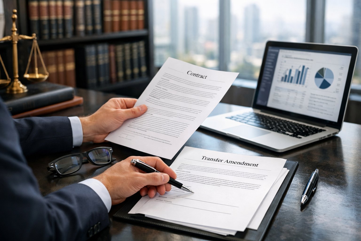 Une personne en tenue professionnelle examine des documents juridiques dans un bureau moderne avec des livres de droit en arrière-plan.