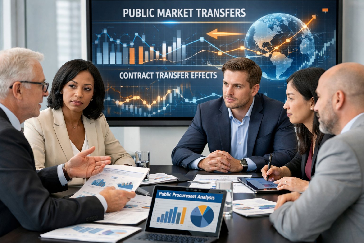 Un groupe de professionnels en réunion autour d'une table de conférence, examinant des documents et des graphiques liés aux marchés publics et aux avenants de transfert.