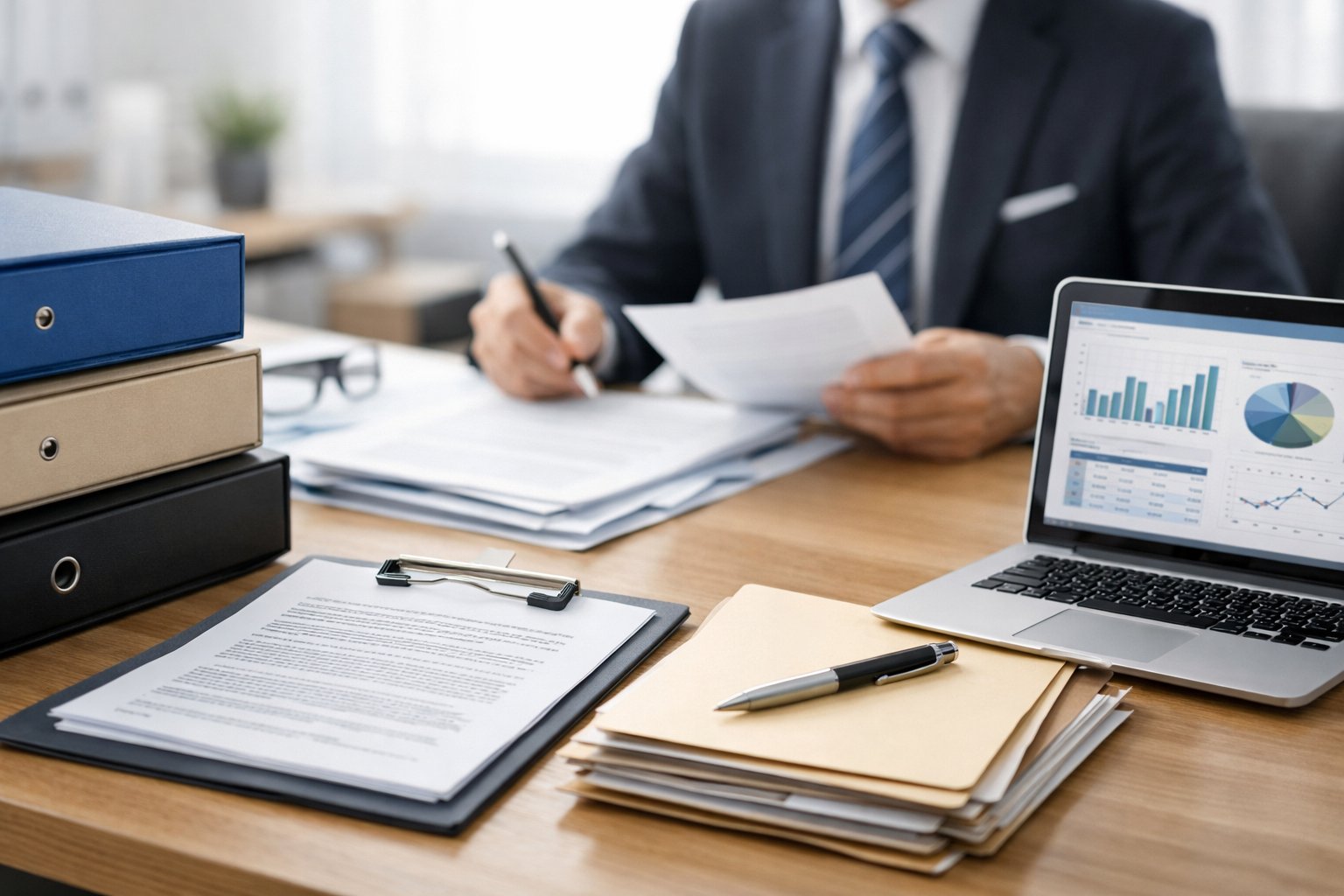 Un bureau moderne avec des documents officiels, un ordinateur portable et une personne en tenue professionnelle examinant des papiers.