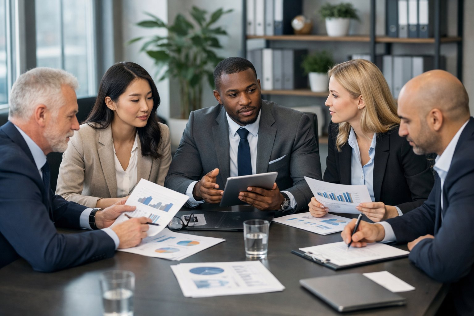 Un groupe diversifié de professionnels en réunion autour d'une table de conférence dans un bureau moderne, discutant de documents liés à la gestion du personnel.
