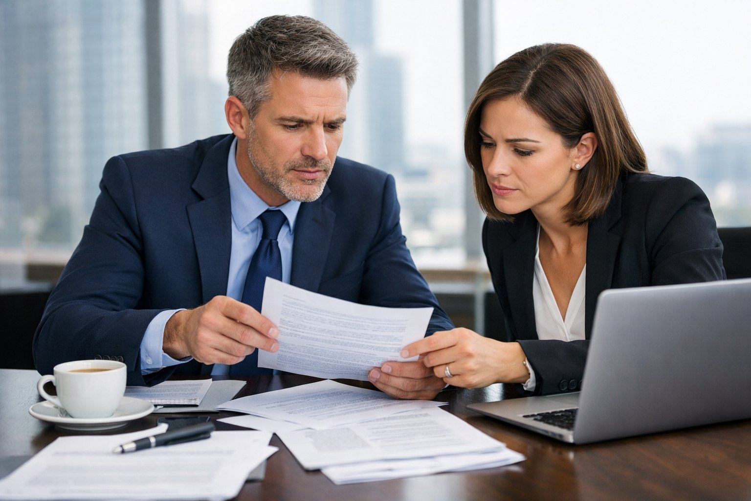 Deux professionnels en tenue formelle discutent autour d'une table de conférence avec des documents dans un bureau moderne lumineux.