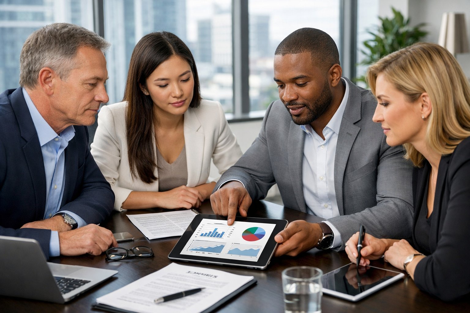 Quatre professionnels en réunion autour d'une table de conférence dans un bureau moderne, discutant et examinant des documents et des appareils numériques.