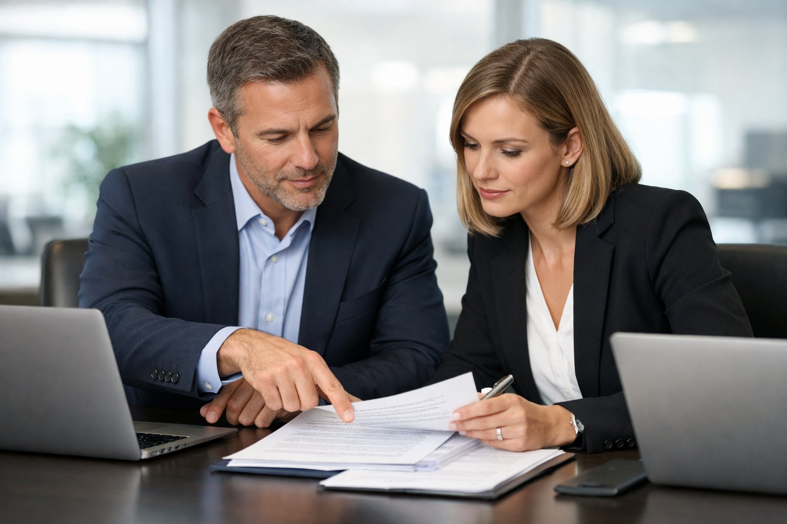 Deux professionnels discutent de documents juridiques dans un bureau moderne et lumineux.