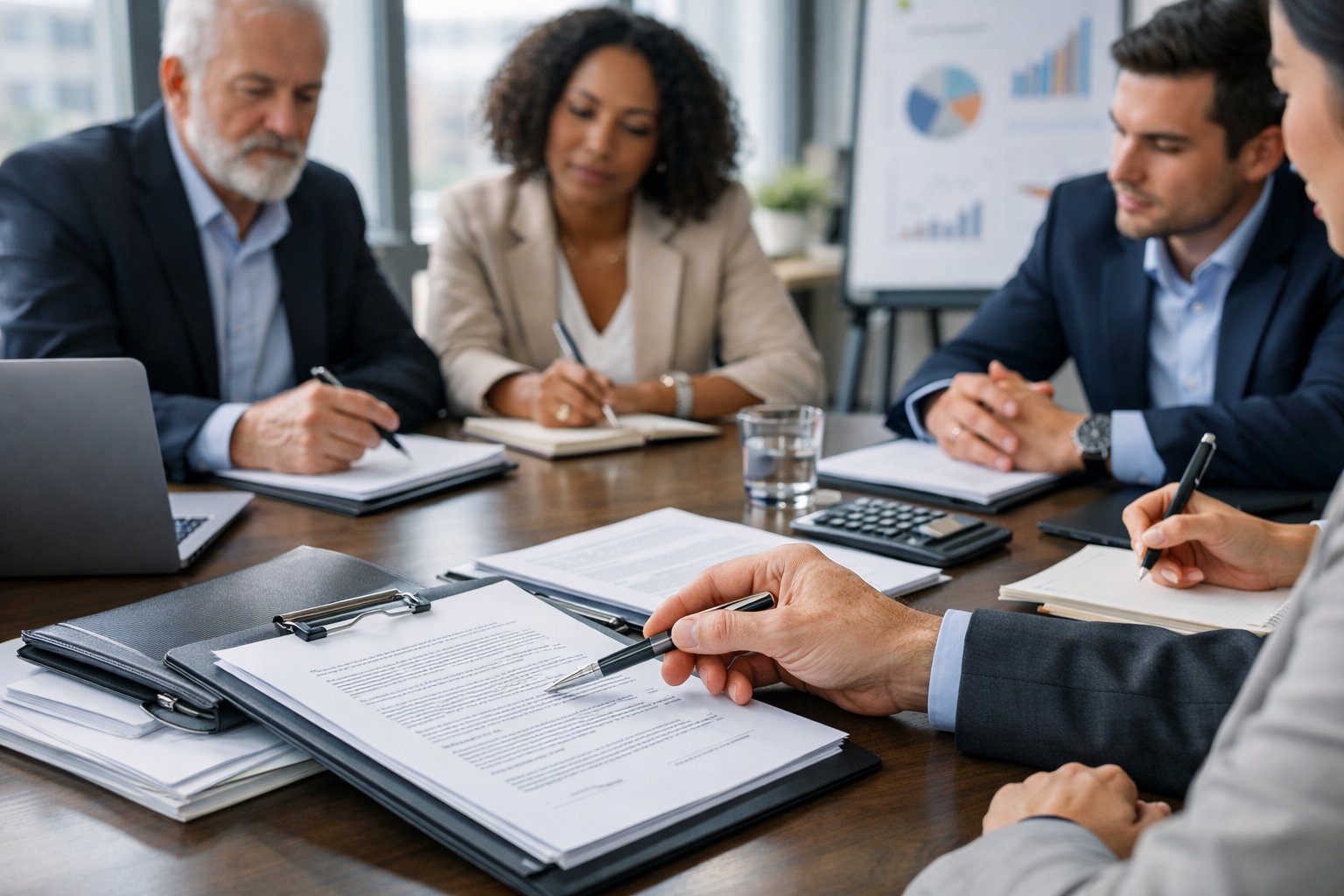 Un groupe de professionnels en réunion autour d'une table avec des documents et des ordinateurs portables, discutant de contrats dans un bureau moderne lumineux.