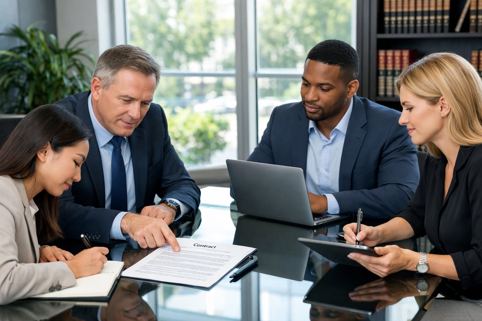 Quatre professionnels discutant autour d'une table de conférence avec des documents et des appareils électroniques dans un bureau lumineux.
