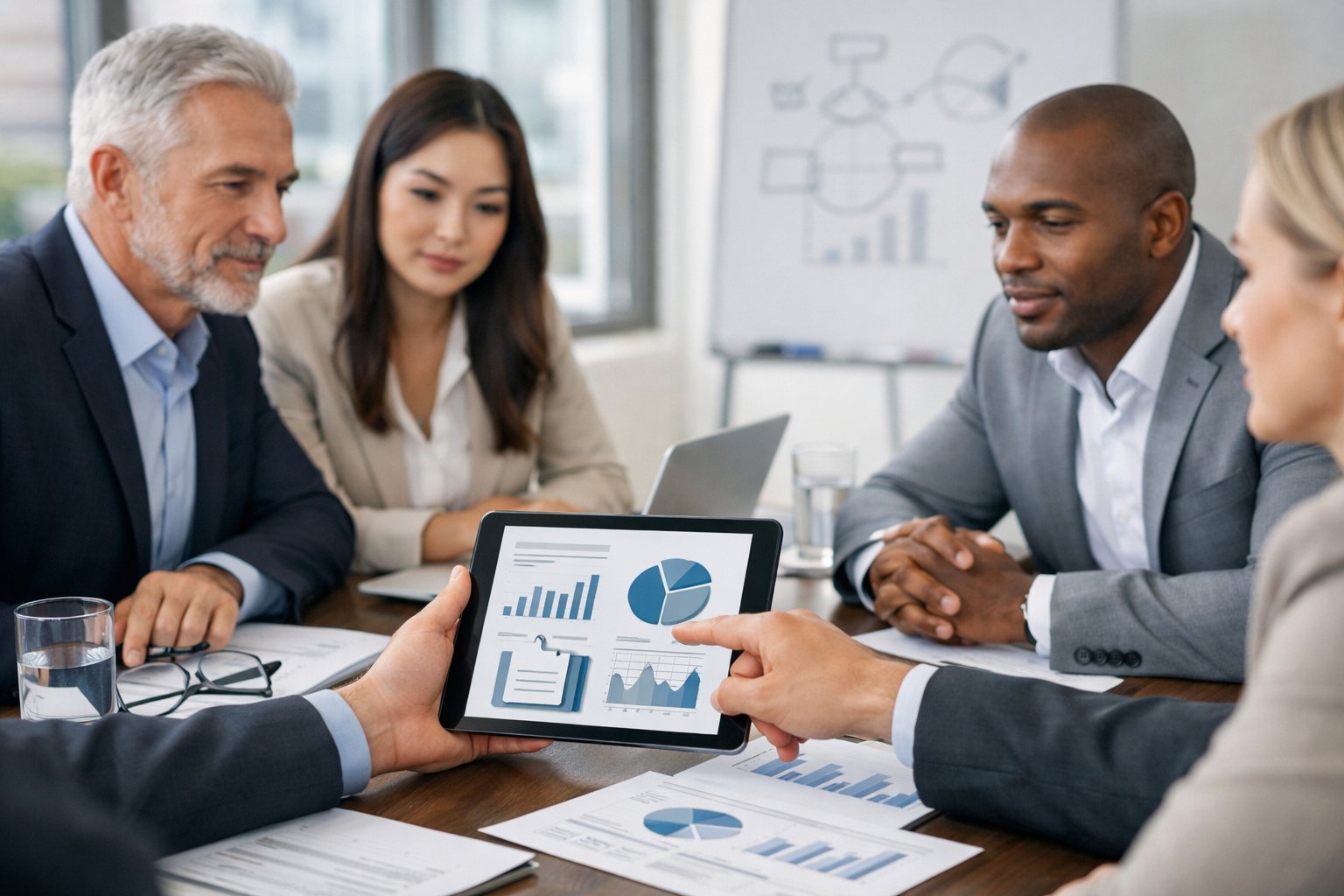 Un groupe de professionnels en réunion dans une salle de conférence moderne, discutant autour d'une table avec des documents et des appareils électroniques.