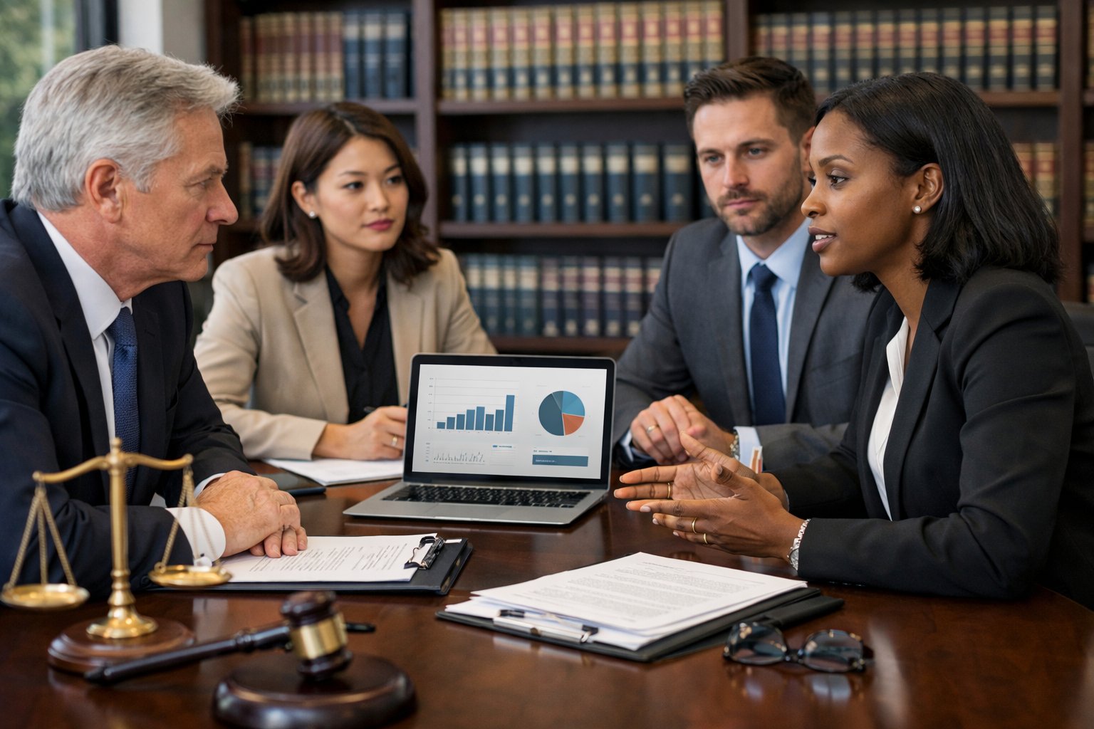 Des professionnels en tenue formelle discutent autour d'une table de conférence avec des documents juridiques dans un bureau moderne.