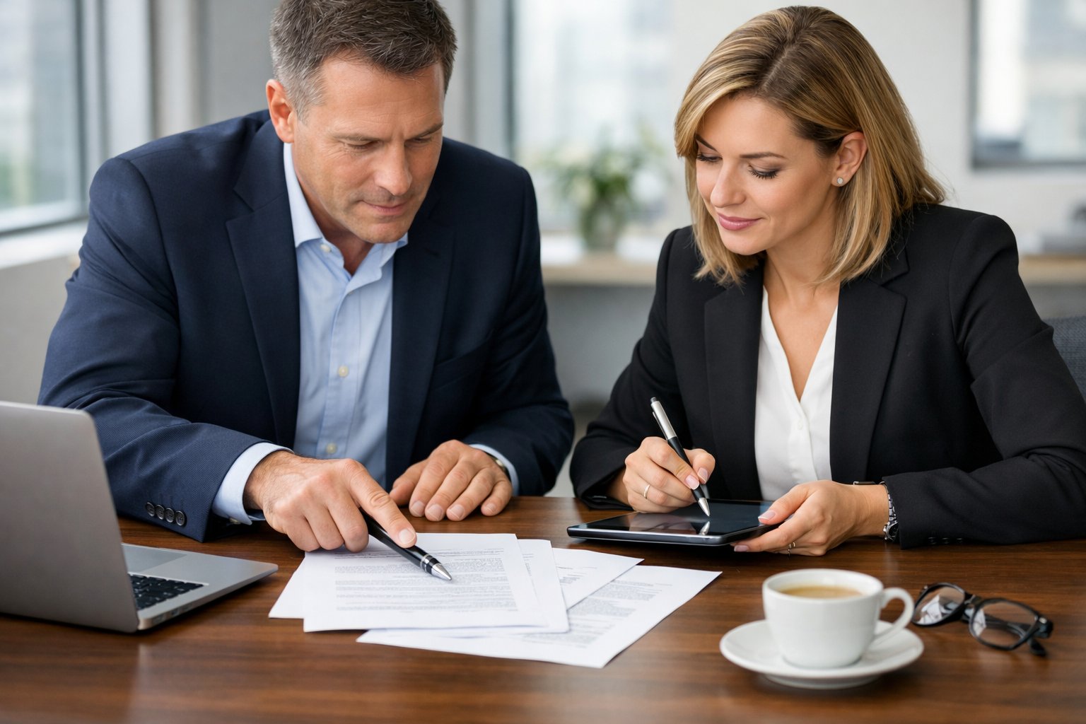 Deux professionnels en réunion dans un bureau moderne, discutant autour d'un contrat posé sur une table.