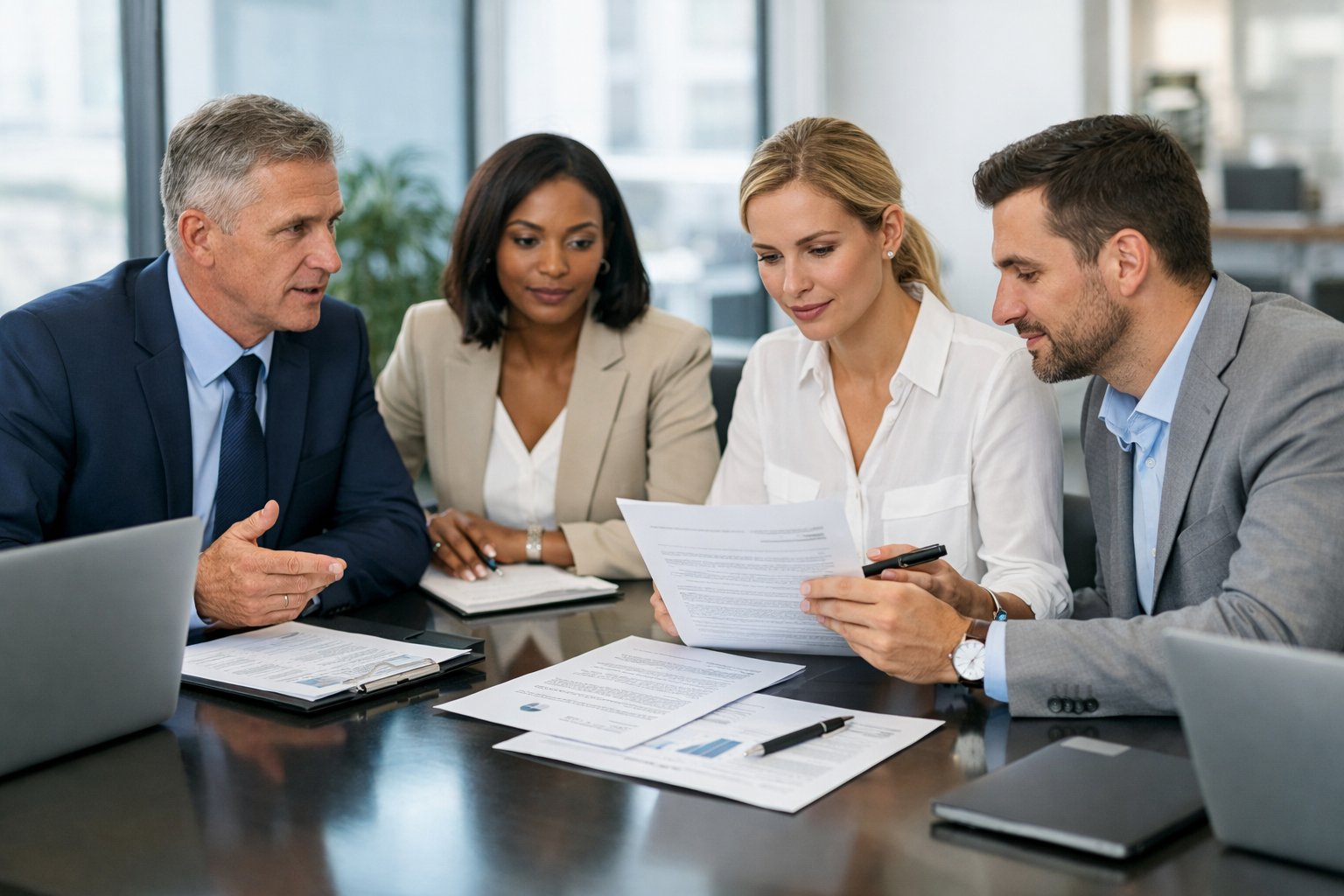 Des professionnels en réunion autour d'une table de conférence dans un bureau moderne et lumineux.