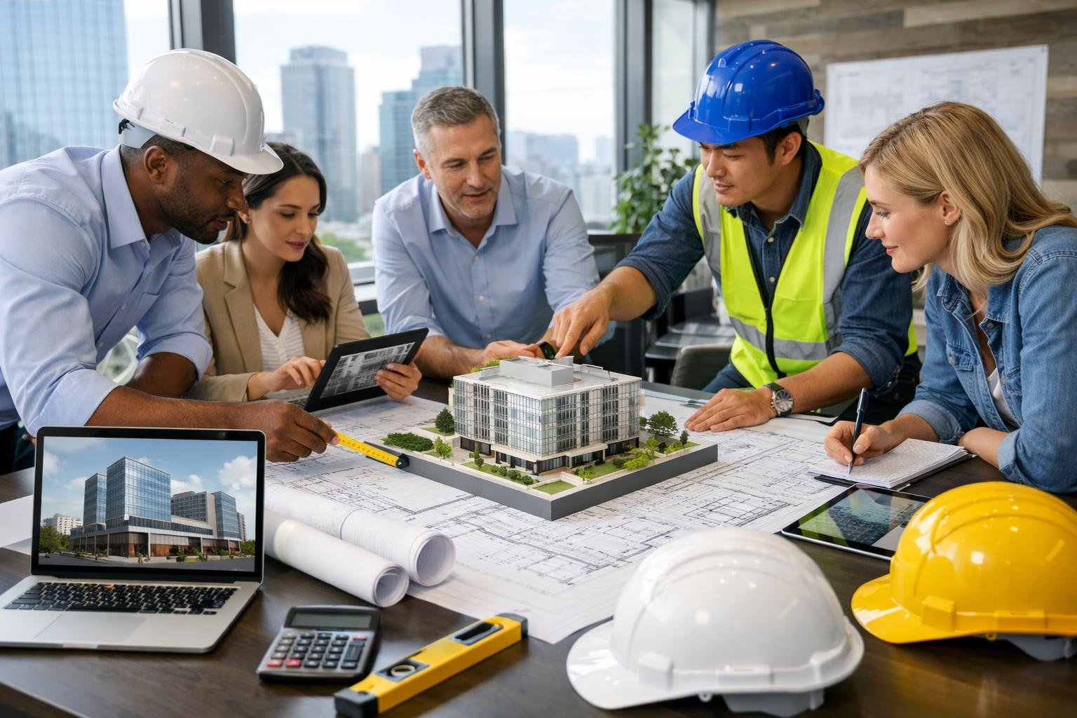 Une équipe d'architectes et d'ingénieurs travaillant ensemble autour d'une table avec des plans et des modèles architecturaux dans un bureau moderne avec une vue sur la ville.