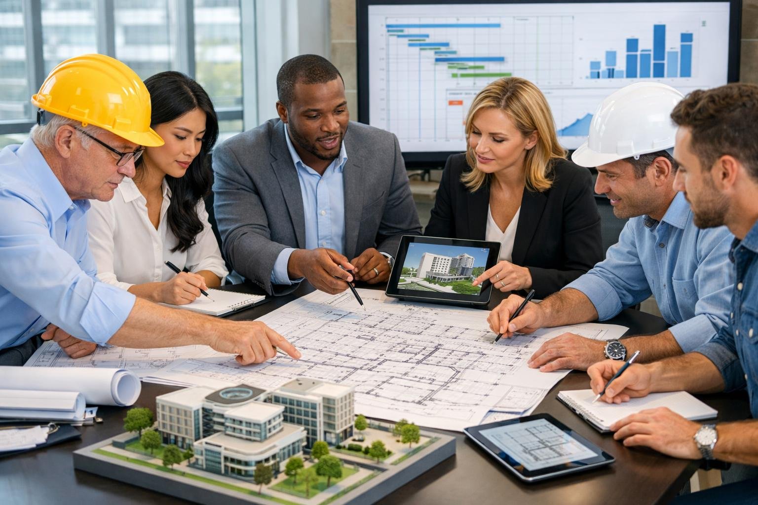 Un groupe de professionnels en réunion autour d'une table avec des plans et maquettes de construction dans un bureau lumineux.