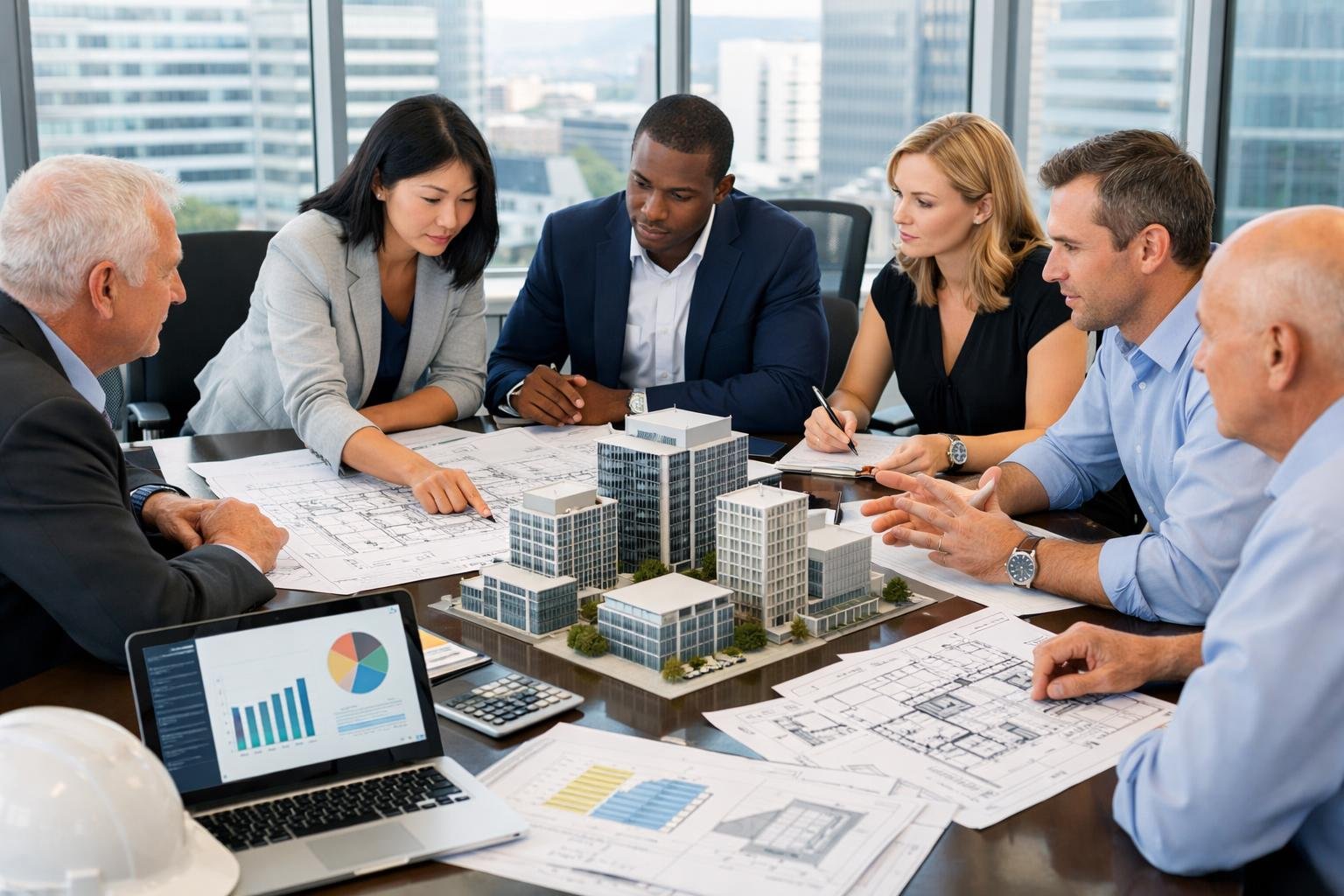 Un groupe de professionnels en réunion autour d'une table examinant des plans et des documents liés à la conception et à la structuration du marché.