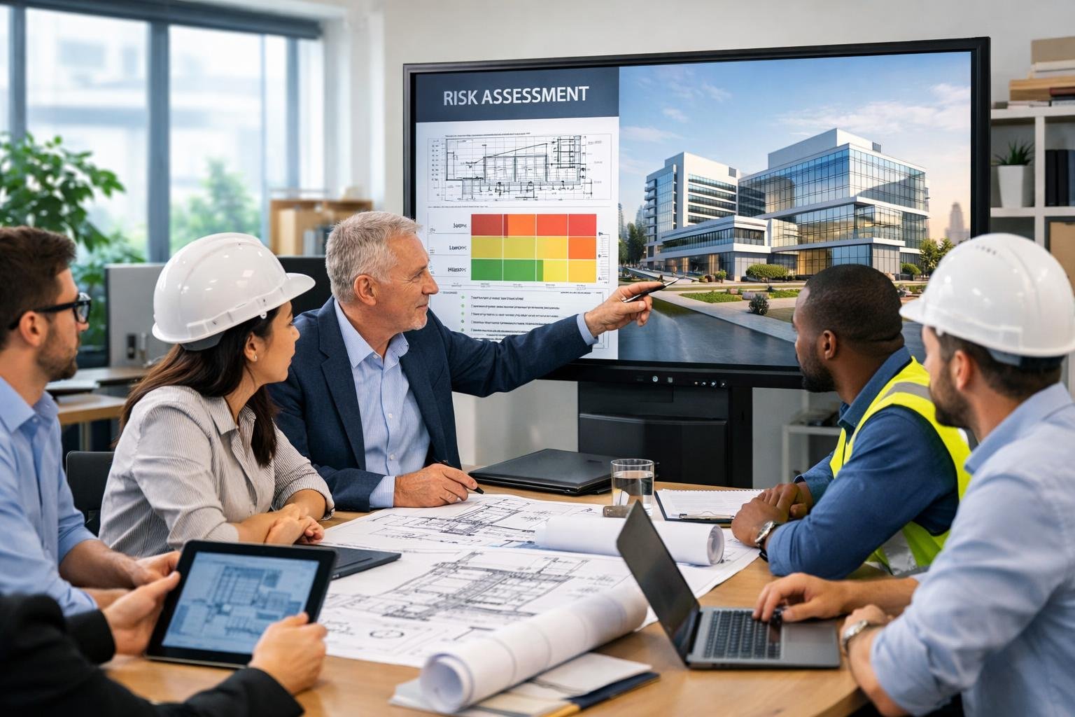 Un groupe de professionnels en réunion autour d'une table avec des plans et des écrans, discutant de projets de conception-réalisation dans un bureau lumineux.