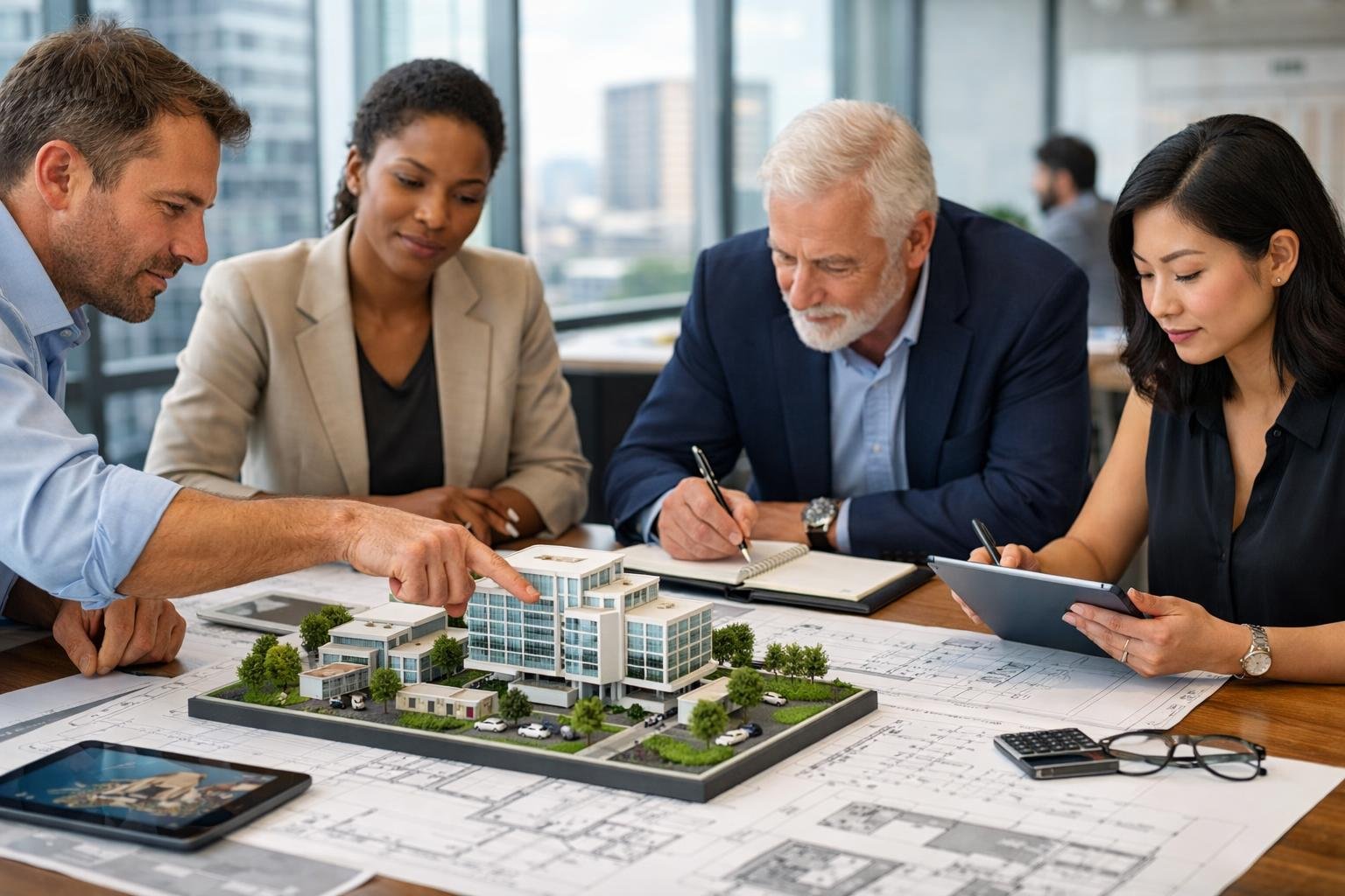 Des professionnels collaborant autour d'une table avec des plans architecturaux et un modèle de bâtiment dans un bureau lumineux.