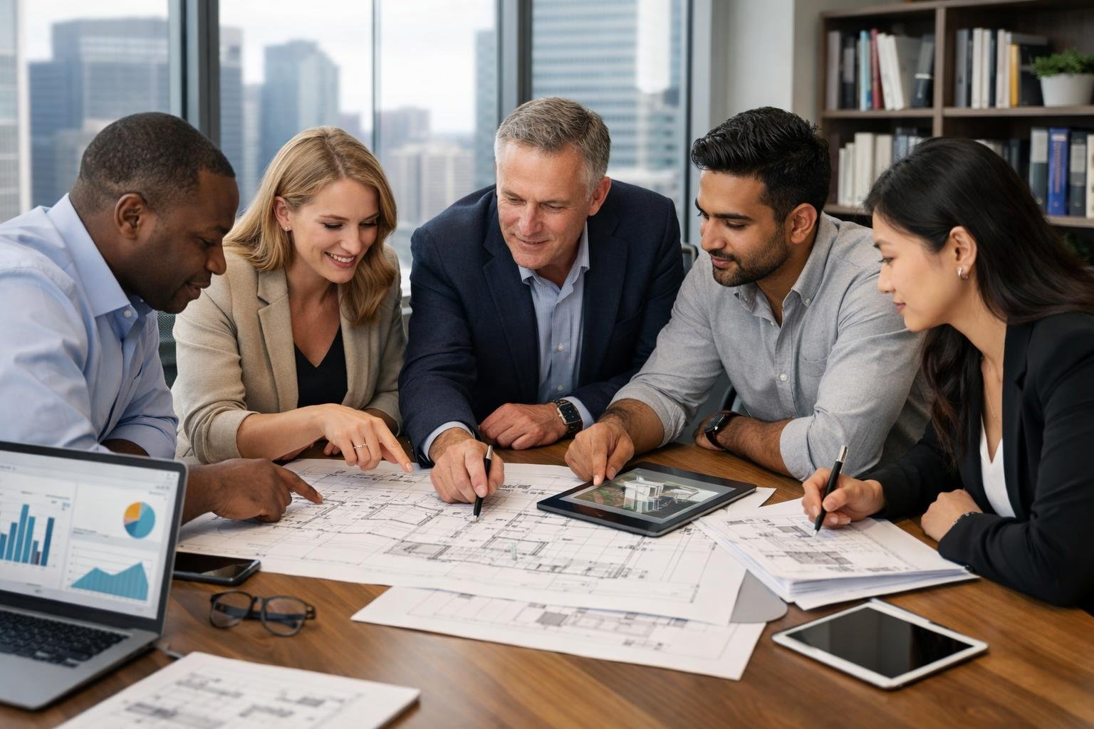 Un groupe de professionnels en réunion autour d'une table de conférence avec des plans et des ordinateurs dans un bureau moderne.