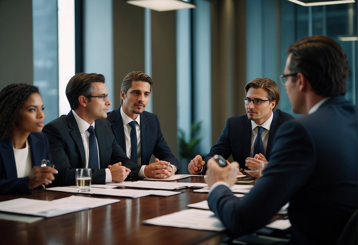 A group of legal professionals discussing public procurement laws and recourse options in a formal setting