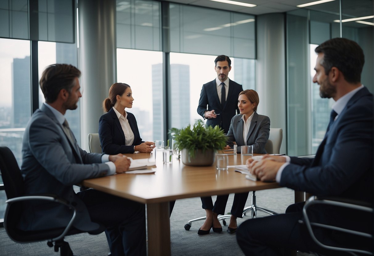 A group of individuals in professional attire discussing environmental management and public procurement in a boardroom setting