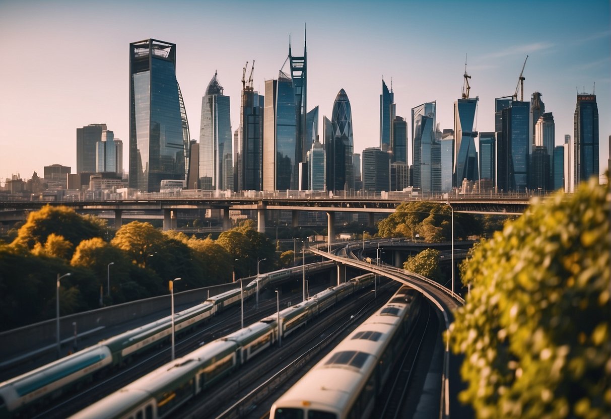 A sustainable city skyline with ISO 14001 certification logos on buildings, surrounded by public infrastructure and transportation