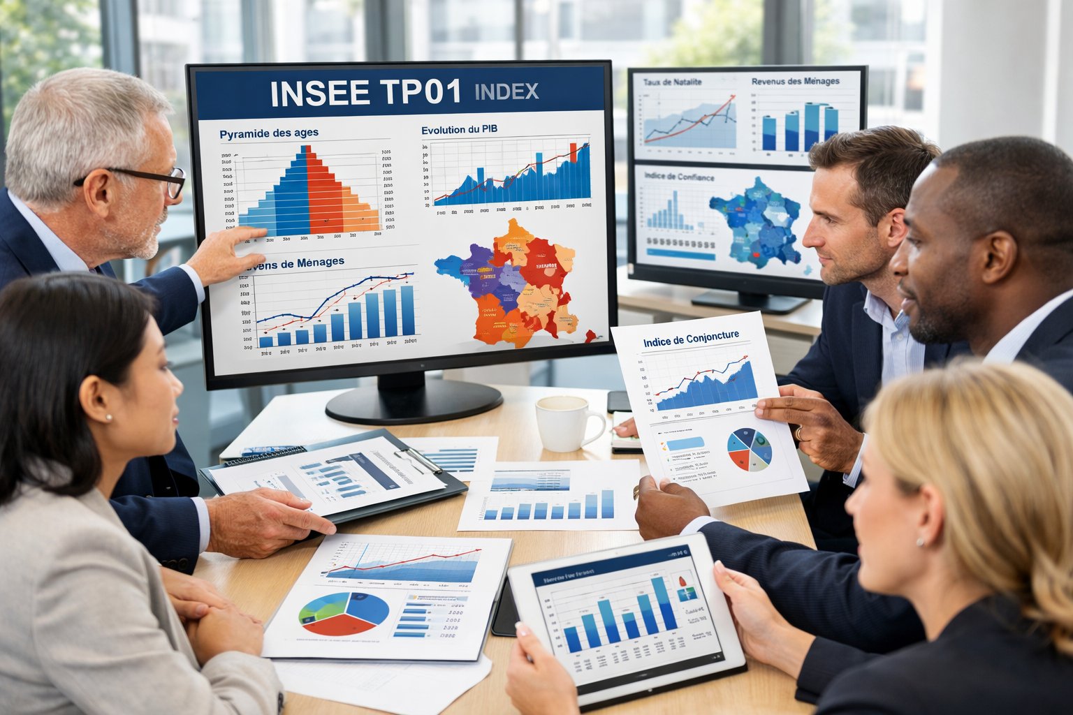 Un groupe de professionnels en bureau analysant des graphiques et des données sur des écrans et des documents.