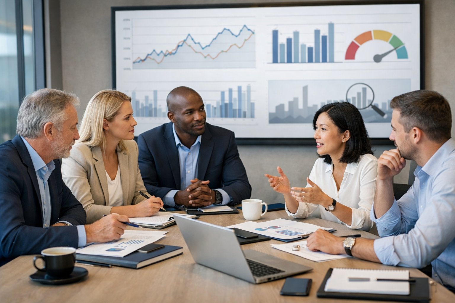 Un groupe de professionnels en réunion dans un bureau moderne, analysant des graphiques économiques sur un écran.