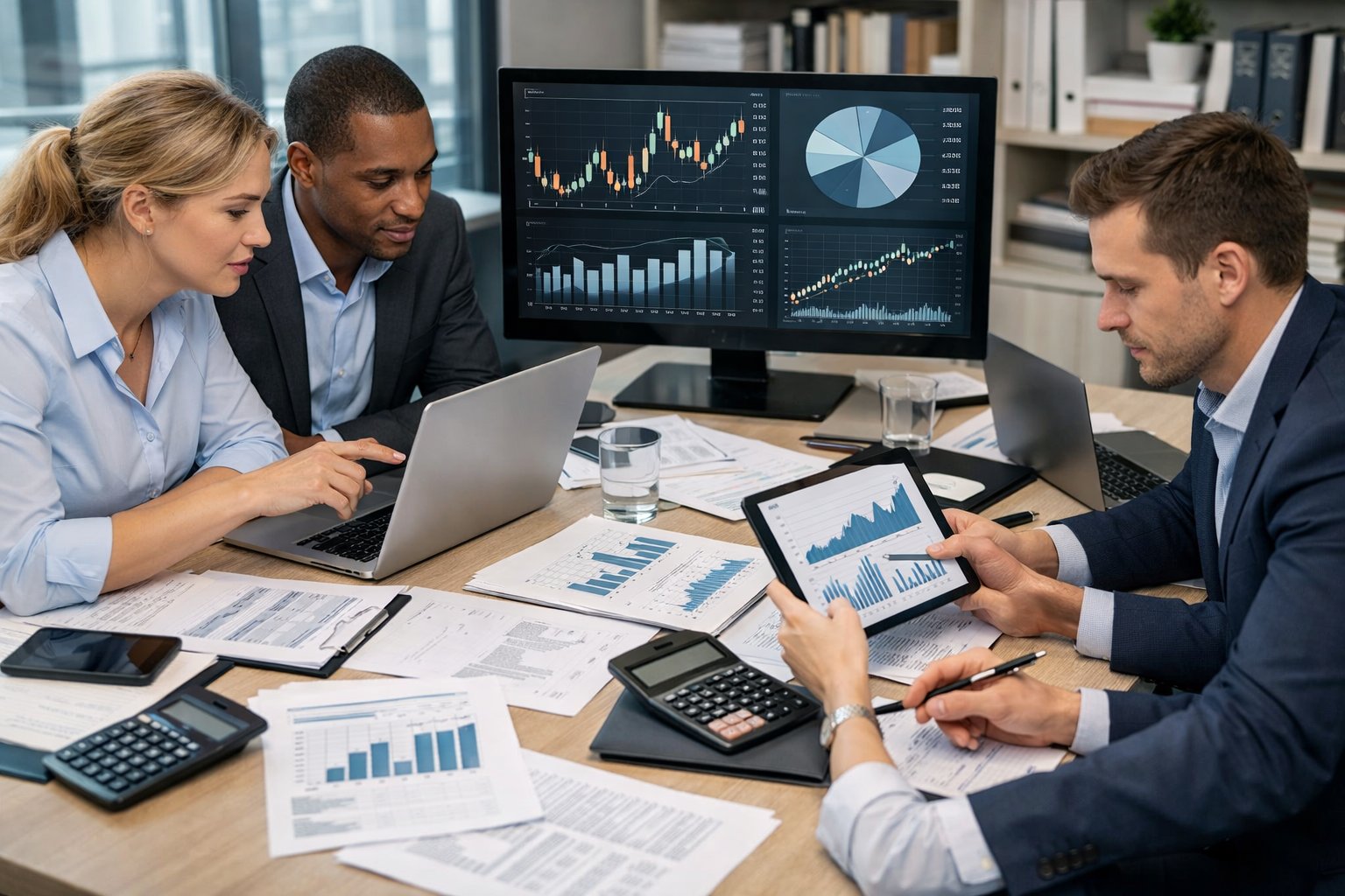 Un groupe de professionnels travaillant ensemble autour d'un bureau avec des ordinateurs et des graphiques affichant des données statistiques.
