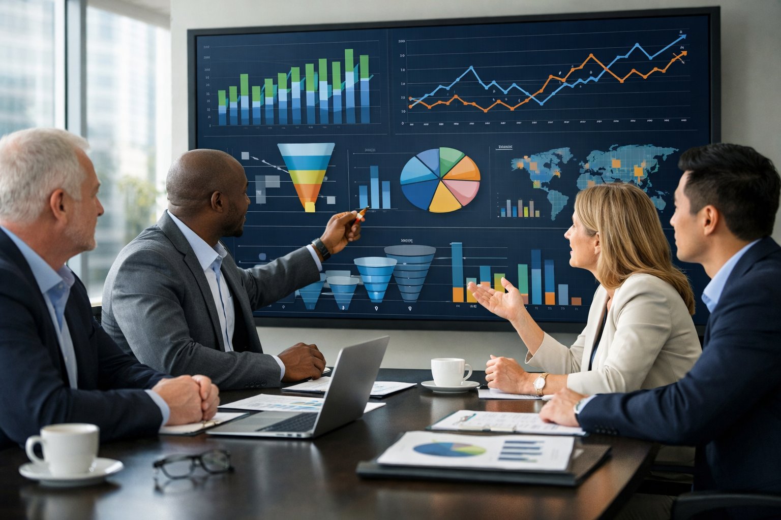 Un groupe de professionnels en réunion dans un bureau moderne, analysant des graphiques sur un écran numérique lors d'une discussion collaborative.
