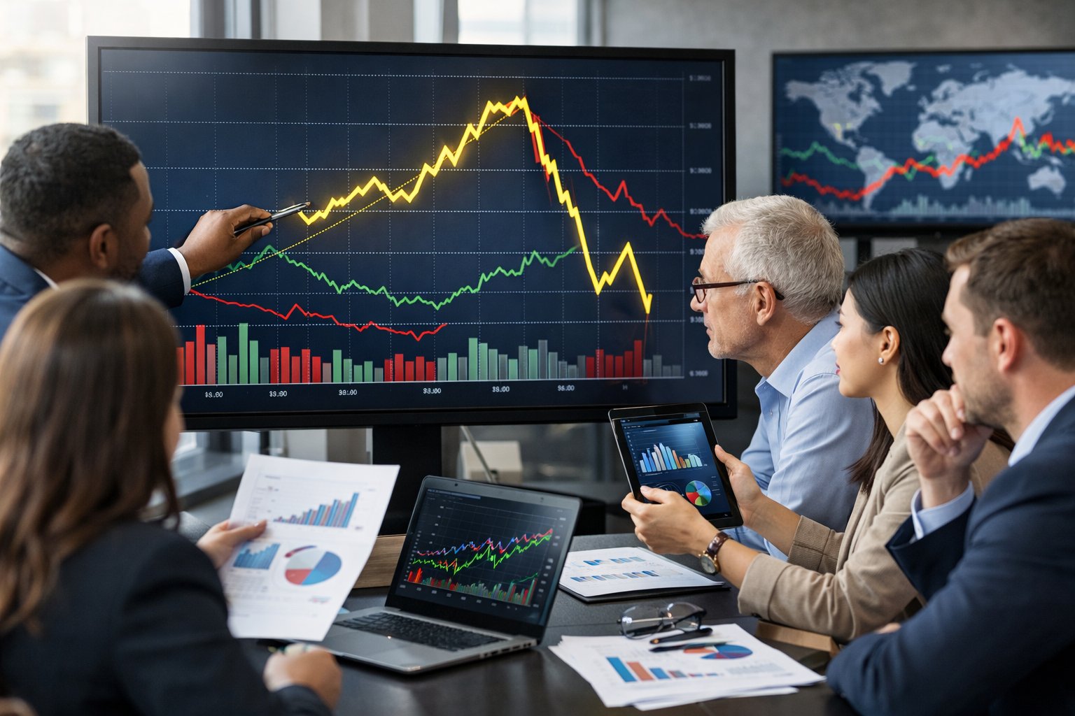 Des professionnels en bureau analysant des graphiques financiers sur des écrans et des documents, discutant des tendances économiques.