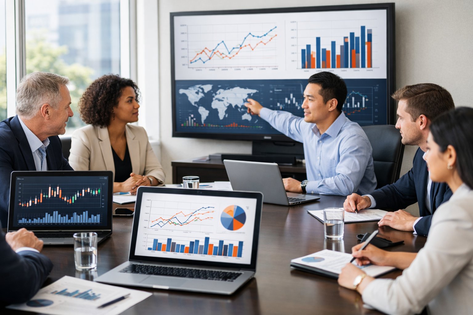 Des professionnels en réunion autour d'une table avec des graphiques et des données économiques sur des écrans d'ordinateur.