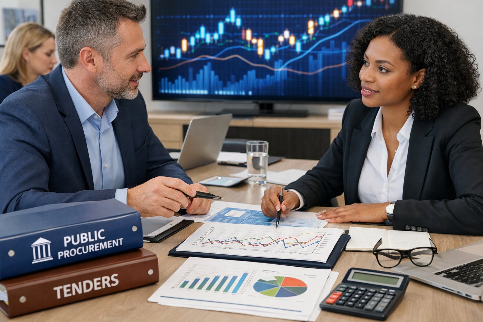 Des professionnels en réunion autour d'une table avec des documents et des graphiques financiers, analysant des données économiques dans un bureau moderne.
