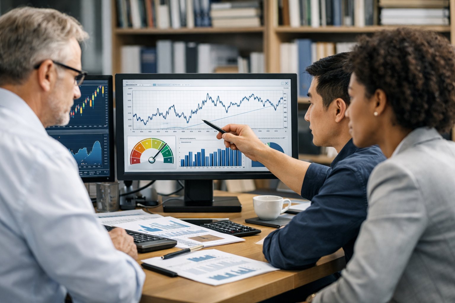 Des professionnels en réunion dans un bureau moderne, analysant des graphiques et des données économiques sur plusieurs écrans d'ordinateur.