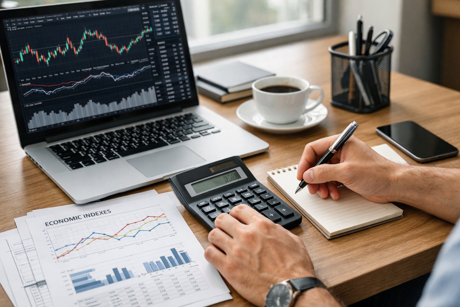 Une personne travaillant à un bureau avec une calculatrice, un ordinateur portable affichant des graphiques financiers, et des documents imprimés sur des indexes économiques.