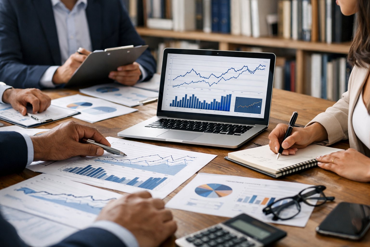 Un groupe de professionnels en réunion autour d'une table avec des documents et un ordinateur portable analysant des données économiques.