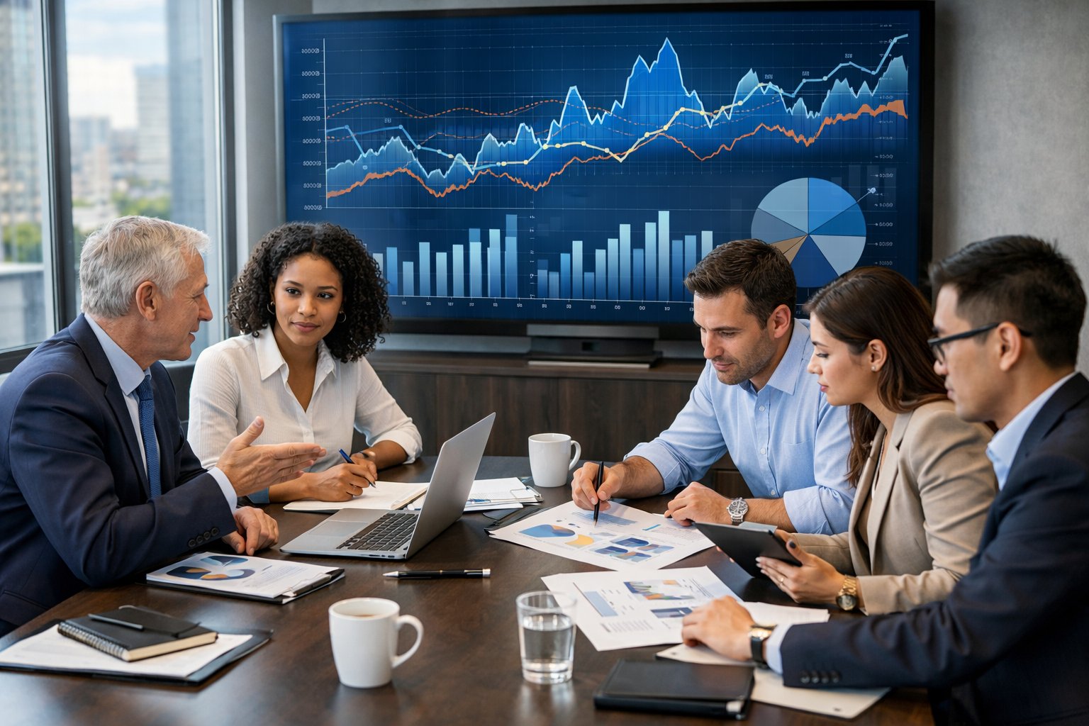 Des professionnels en réunion dans un bureau moderne, analysant des graphiques économiques sur des écrans et des documents.