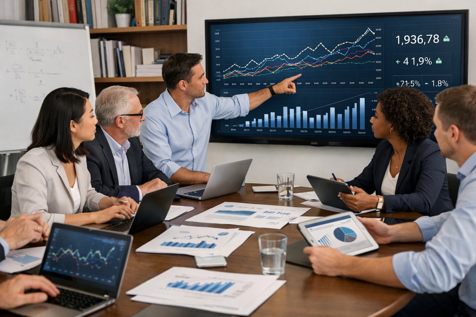 Un groupe de professionnels en réunion autour d'une table avec des ordinateurs et des graphiques, discutant d'analyses financières dans un bureau moderne.