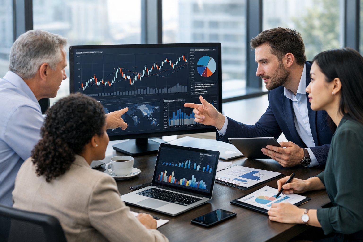 Des professionnels travaillent ensemble autour d'un bureau avec des ordinateurs affichant des graphiques et des données économiques.
