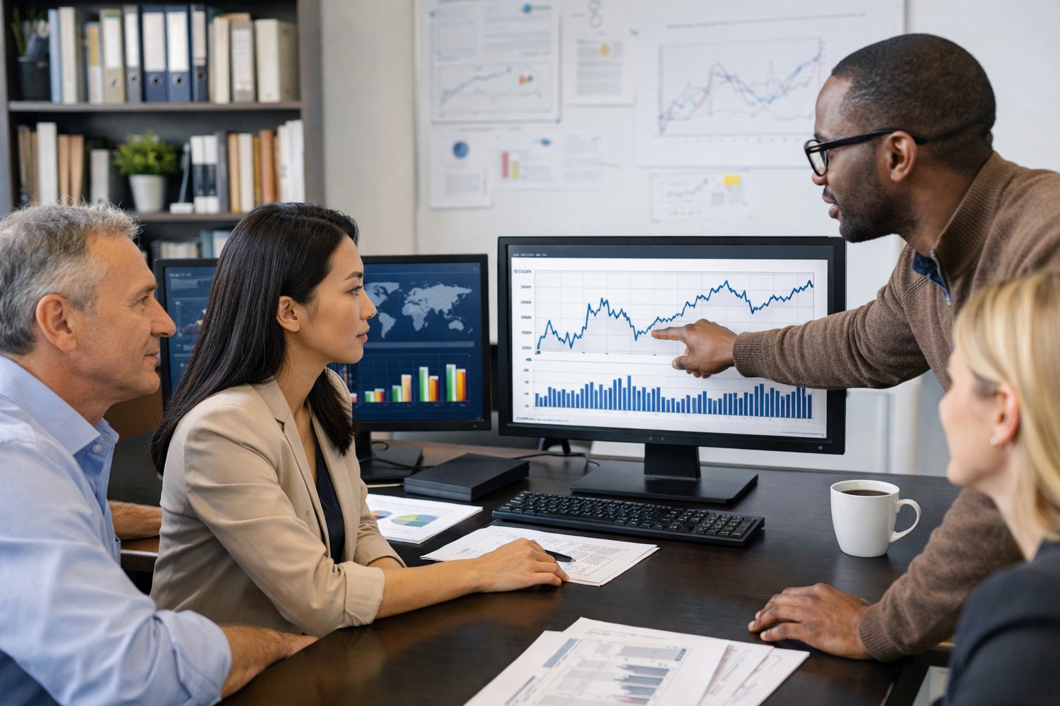 Un groupe de professionnels travaillant ensemble autour d'un bureau avec des écrans montrant des graphiques et des données économiques.