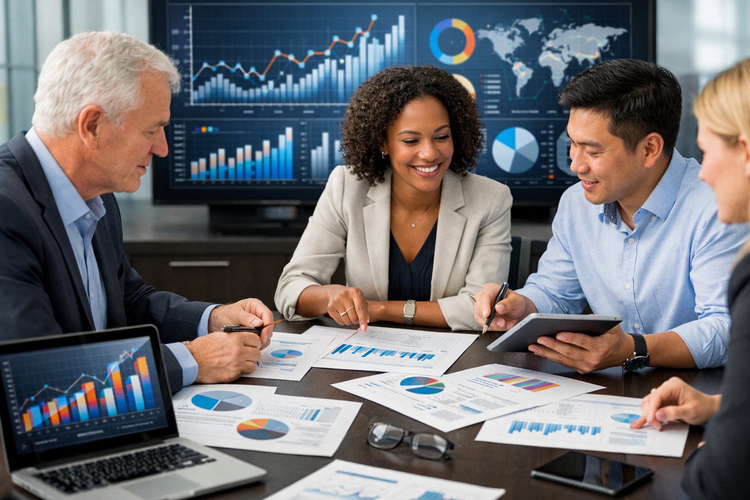 Des professionnels en réunion dans un bureau moderne, analysant des graphiques et des données économiques sur des ordinateurs et des documents.