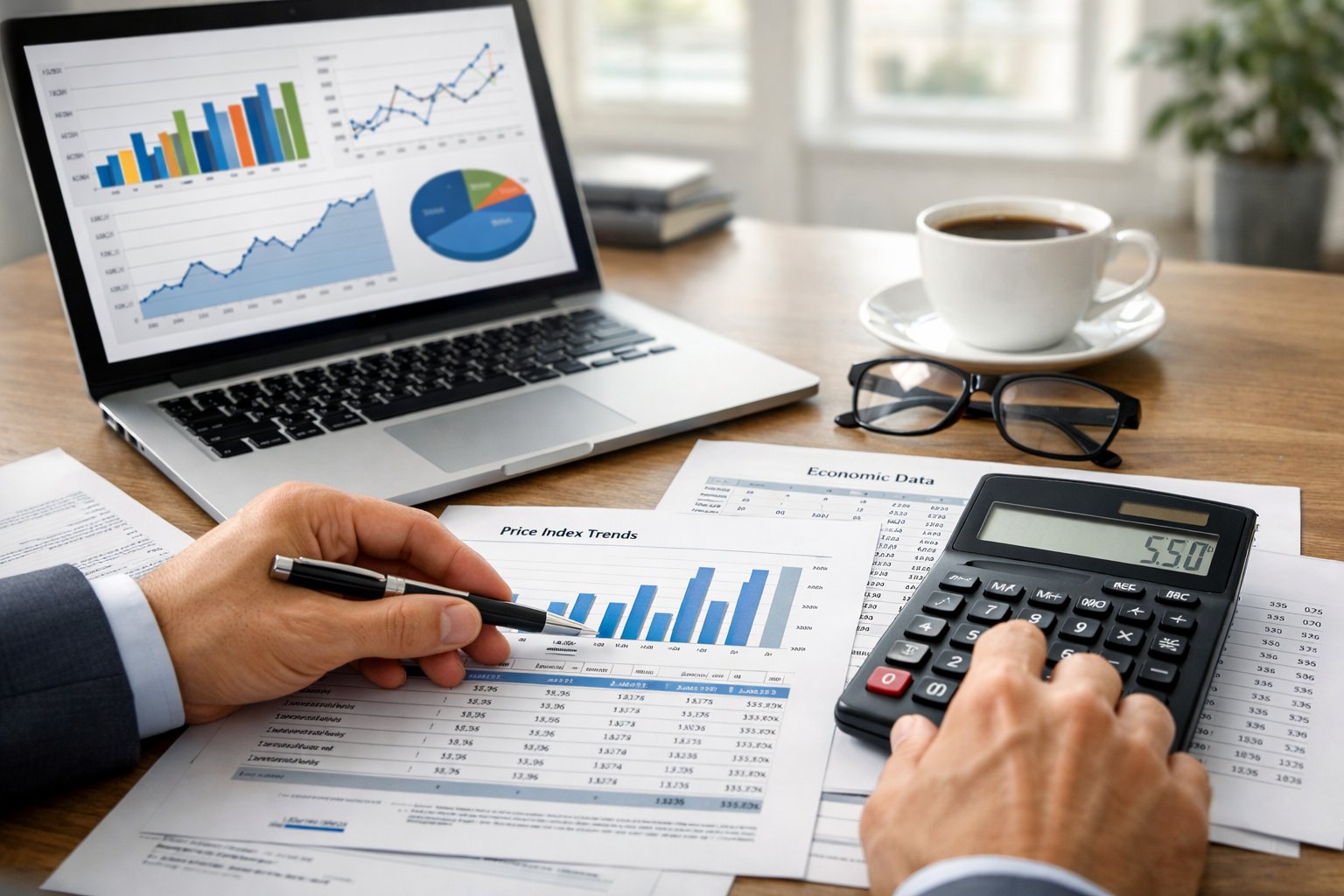 Une personne utilise une calculatrice et examine des documents financiers sur un bureau dans un bureau lumineux et organisé.