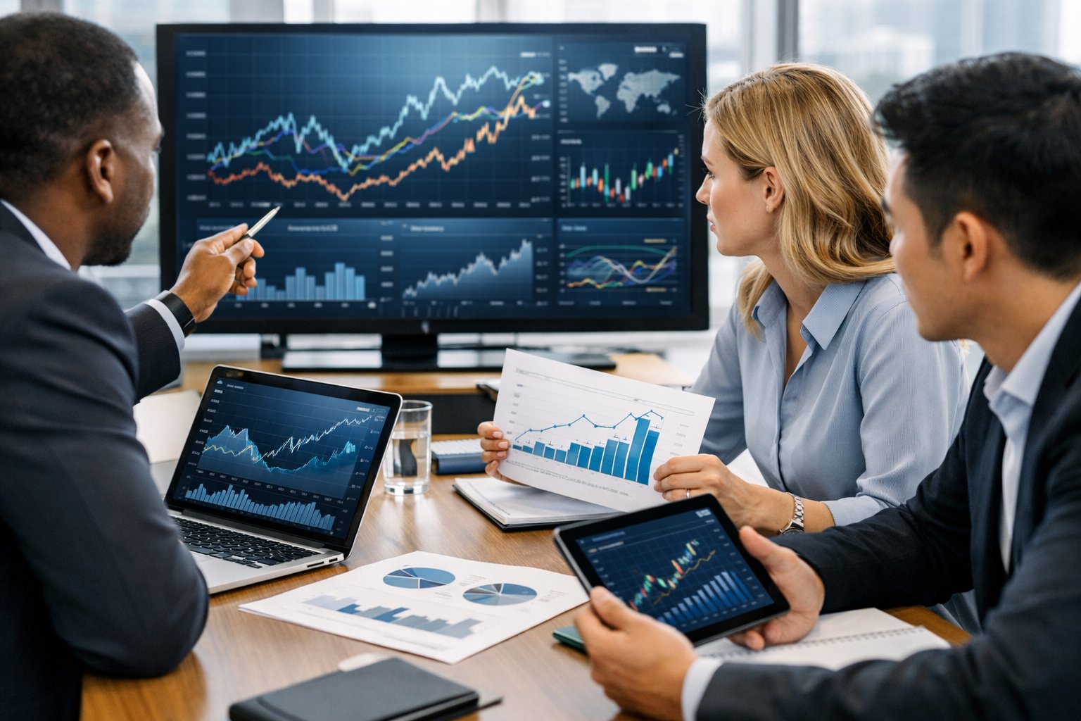 Un groupe de professionnels en réunion autour d'une table, analysant des graphiques et des données économiques sur des écrans numériques dans un bureau moderne et lumineux.