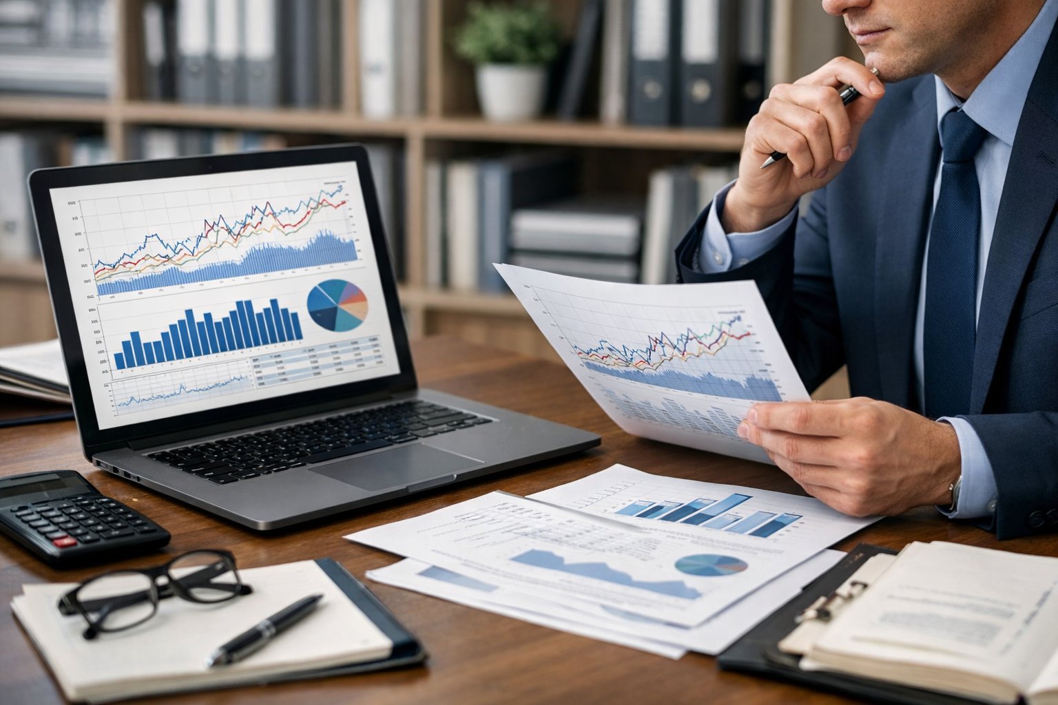 Une personne en tenue professionnelle examinant des documents et un ordinateur portable affichant des graphiques dans un bureau moderne.