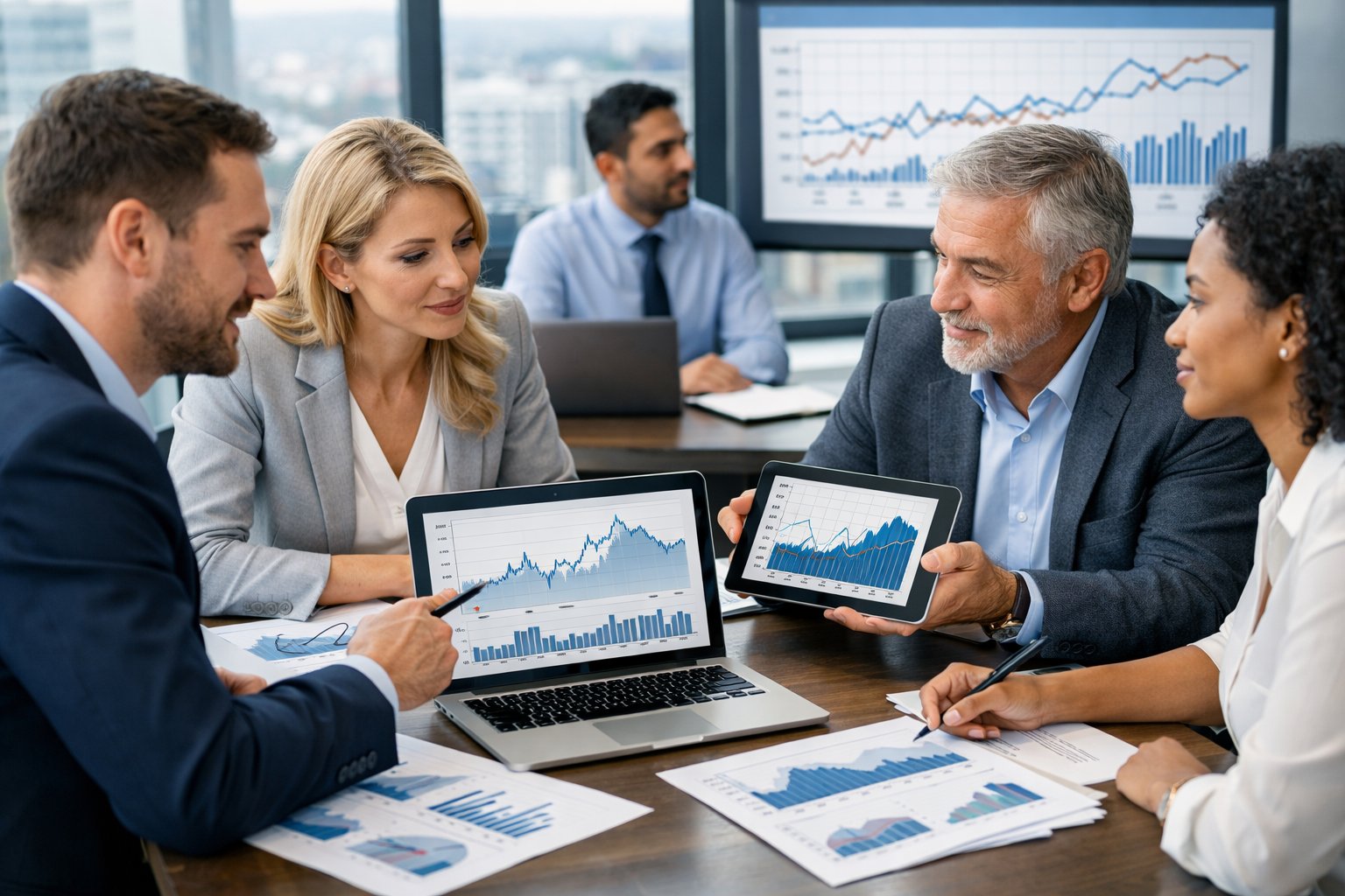 Des professionnels en réunion dans un bureau moderne, analysant des graphiques économiques sur des ordinateurs et des documents.