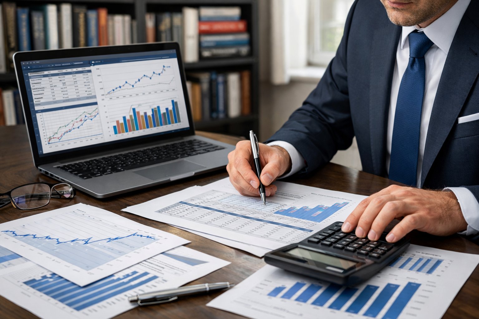 Un professionnel en bureau analysant des documents financiers et des graphiques liés à la révision des prix avec un ordinateur portable et une calculatrice.