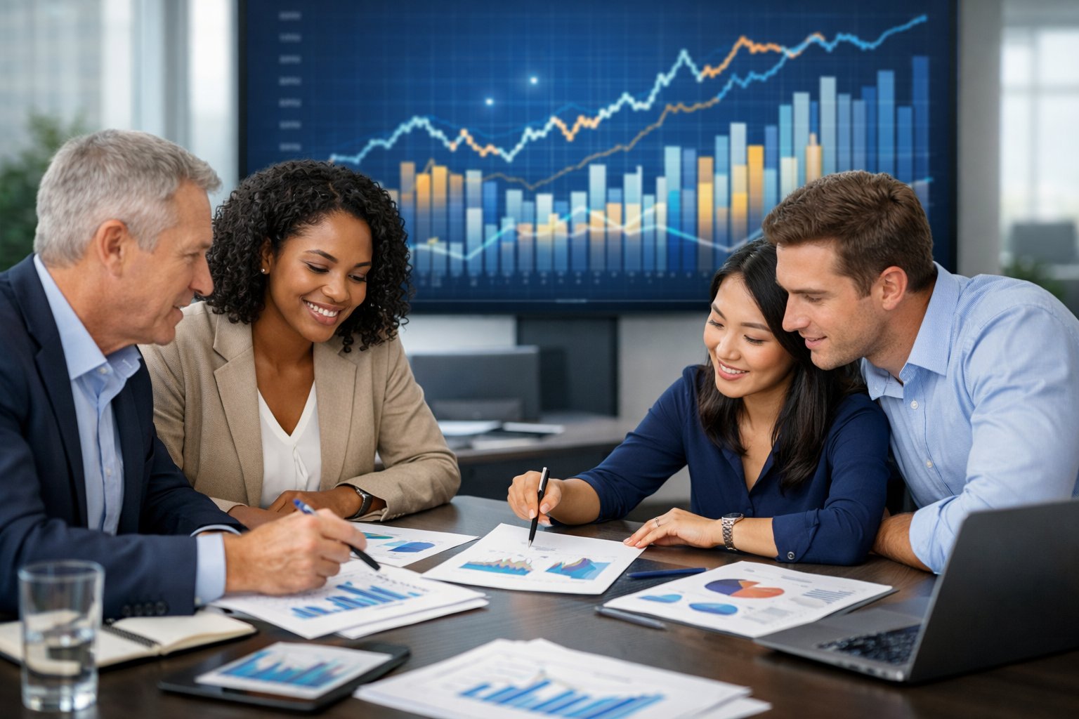 Un groupe de professionnels travaillant ensemble autour d'une table avec des ordinateurs portables et des graphiques financiers dans un bureau moderne.