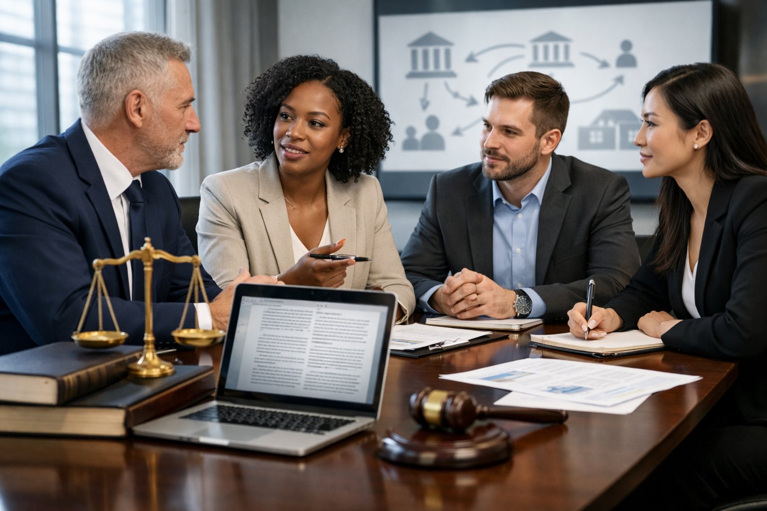 Un groupe de professionnels du droit discutant autour d'une table de conférence dans un bureau moderne avec des documents et un ordinateur portable.