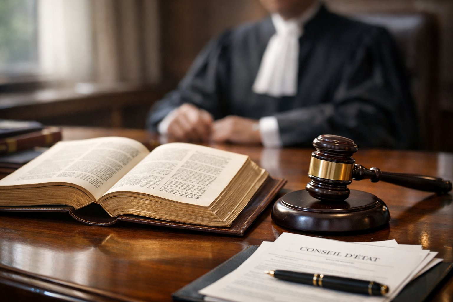 Un bureau avec un livre de droit ouvert, un marteau de juge et des documents juridiques, avec une silhouette floue d’un professionnel du droit en arrière-plan.