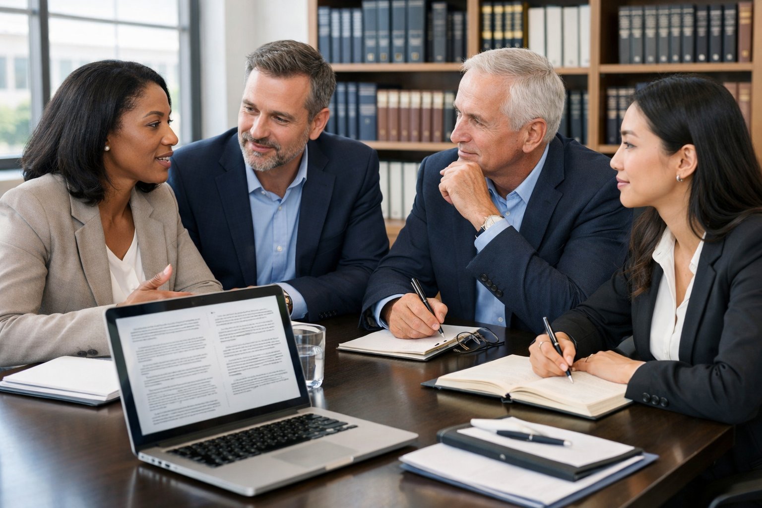 Des professionnels discutant autour d'une table de conférence dans un bureau moderne avec des documents et un ordinateur portable.